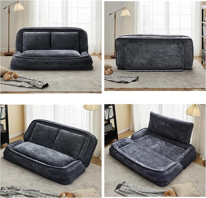 Foldable Lazy Sofa Bed, Chenille Upholstered Human Dog Bed for Adults, 2 in 1 Convertible Floor Sofa with 5 Adjustable Backrest Positions and Soft Cushions for Living Room (Dark Gray)