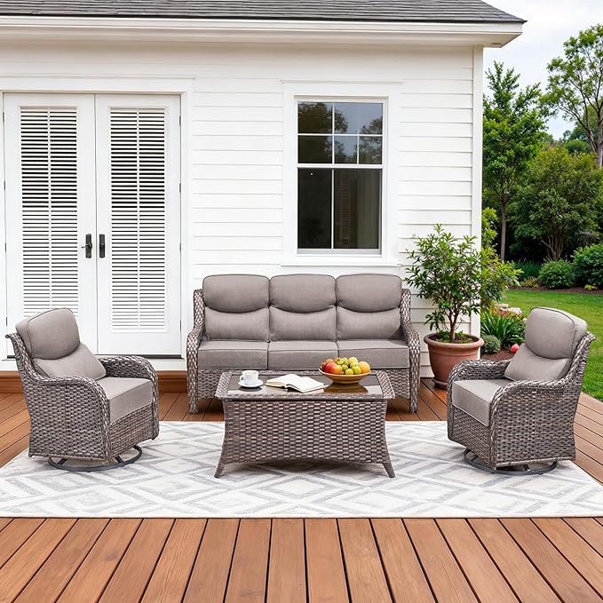 Pugire Luxury High Back Patio Furniture Set with 6-Inch Thick Cushions, 4-Pieces Outdoor Furniture with Swivel Chairs, Wicker Conversation Set for Porch, Balcony, Deck and Yard, Brown/Grey