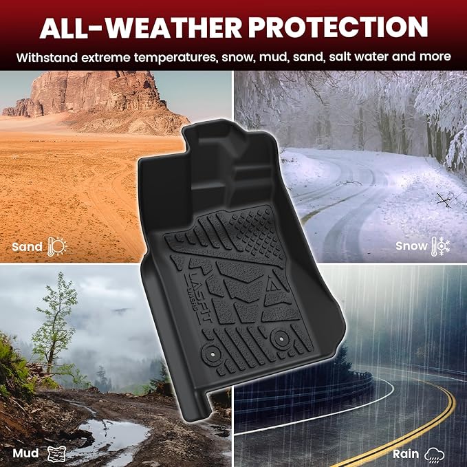 LASFIT Floor Mats for Ford Ranger 2025 2024 SuperCrew Cab All Weather Truck Protector TPE Carpeted Floor Liners, Front and Rear Row, 3pc Black