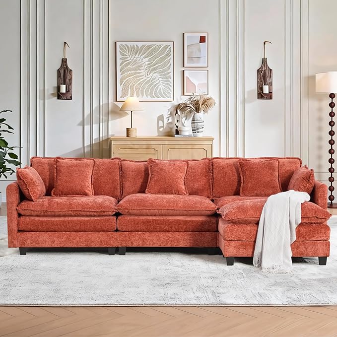 SoarFlash 113.78" Chenille Sectional Sofa, Comfy L Shaped Modular Coush Sofa with Ottoman, Modern 4 Seat Couch Deep Seat Sofa Set for Living Room,Black