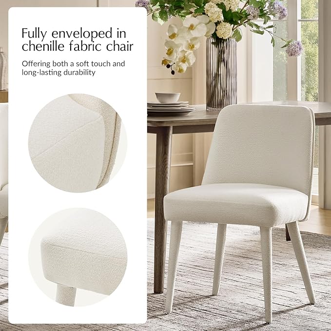 HULALA HOME Modern Dining Chairs Set of 2，White Fully Chenille Upholstered Dining Room Chairs Set with Foot Peg, Wood Frame, Armless Kitchen Accent Chairs for Living Room Bedroom Reception - Ivory