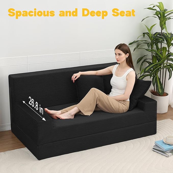 MeMoreCool Corduroy Folding Sofa Bed Queen – Convertible 2‑in‑1 Futon Couch | Foldable Foam Sleeper with Detachable Pillow, Machine‑Washable Cover & Space‑Saving Design for Living Room or Guest Room
