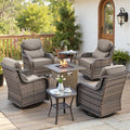 Belord Luxury 6" Thick Cushioned Outdoor Swivel Rocker Chairs Set of 4 with Fire Pit Table, High Back Wicker Patio Furniture Set with Ergonomic Zone Back, Conversation Set for Deck Porch - Grey+Grey