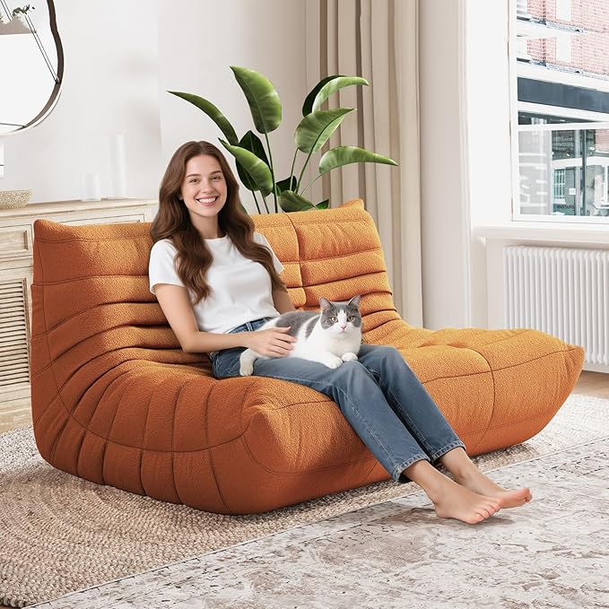 Selyteramy Bean Bag Chairs for Adults, Giant Bean Bag Chair Sofa with Memory Foam, Comfy Beanbag Loveseat Lazy Sofa for Living Room, Bedroom, Apartment, Orange