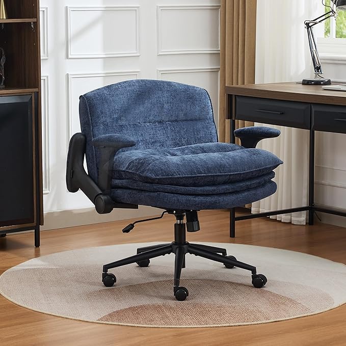 Criss Cross Chair with Flip-up Arms, Wide Criss Legged Chair with 3 Layer Cushion, Ergonomic Office Desk Chair with Wheels, Swivel Vanity Chair for Office, Living Room, Bedroom, Chenille Blue