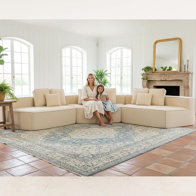 EPOFIT 181" Extra Large Modular Sectional Sofa, 3-Piece Couch with Teddy Fleece, Full-Foam Cushions and 9 Pillows, High-Density Foam Padding, All-Compressed Design – Beige