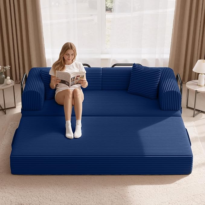 Convertible Corduroy Sleeper Sofa Bed with Cylindrical Pillow, Folding Mattress Couch with Fixed-Shape Frame, Floor Sofa Lounge Couch for Living Room Bedroom Lounge Studio, Blue