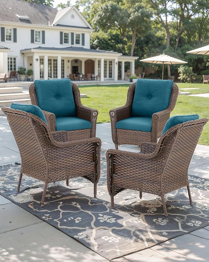 ACTREST Patio Wicker Chairs Outdoor Furniture Chair - Set of 4 Outside All Weather Lawn Dining Brown Rattan Armchair with High Back&Deep Seating for Deck Porch Balcony Backyard Garden - Peacock Blue