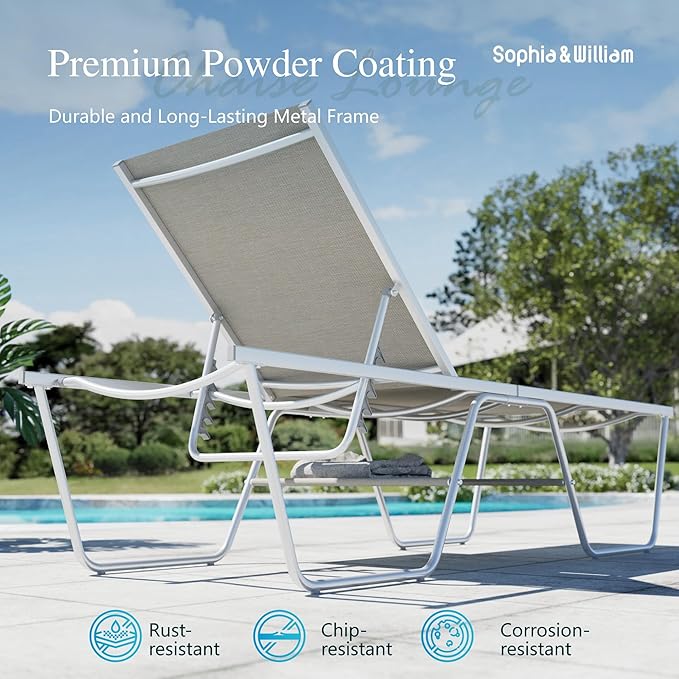 Sophia & William Outdoor Chaise Lounge Chair Set of 2, 78" Long Reclining Lounge Chairs with 5 Adjustable Backrest, Oversized Patio Chaise Lounge Chair for Outside Poolside Beach Yard, Grey