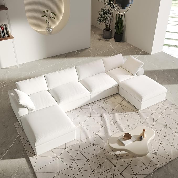 U-Shaped Cloud Sectional Couch, Oversize Modular Sofa, Modern Comfy Cloud Sofa with Storage Ottomans, Covers Removable, Convertible Sleeper Couch for Living Room Apartment (White, Linen Fabric)
