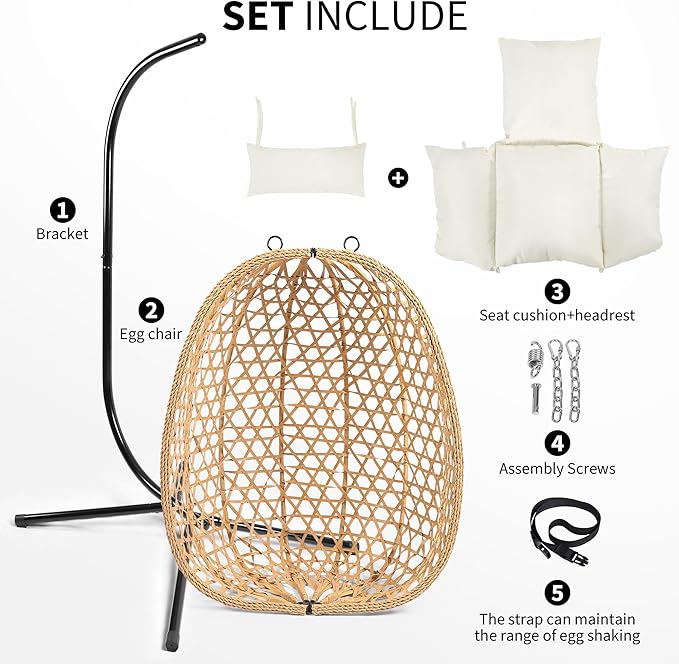 LEX CRAFT Egg Chair with Stand, Patio Wicker Hanging Chair, Hammock Swing Chair, 350LBS Capacity for Bedroom, Balcony, Garden (YE-BE)