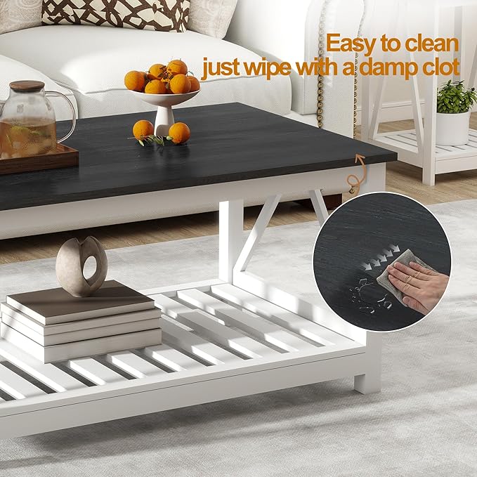 UYIHOME Farmhouse Coffee Table, Black and White Coffee Table for Living Room, 2-Tier Rectangular Wooden Centre Cocktail Table with Slats Shelf Storage and V-Shaped Frame Modern Coffee Tables Oak Black