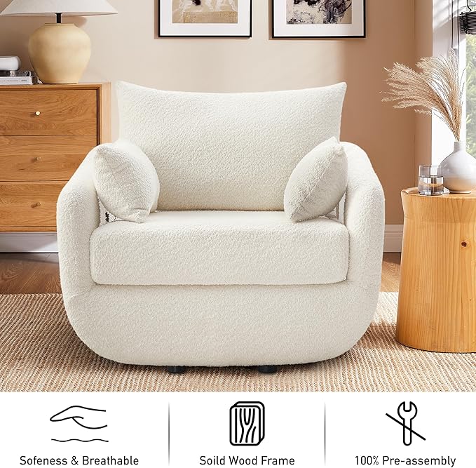 UNUQLIVCO 360° Swivel Accent Armchair, 39.3" Oversized, Sherpa Boucle Fabric Sofa Chair with Removable Back & Arm Pillows, Swivel Chair with Cozy Soft Padded (1, Cream White)