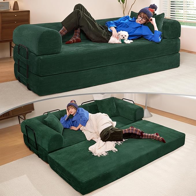 79" Convertible Sofa Bed, Boneless Corduroy Sleeper Foldable Modular Couch, Memory Foam Compressed Sofa, Folding Mattress Floor Couch for Small Space Living Room Apartment Bedroom, Hunter Green