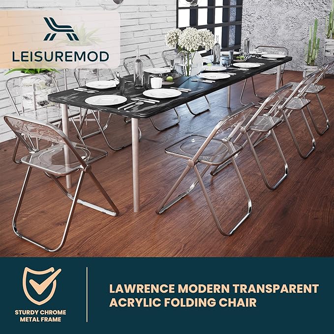 LeisureMod Lawrence Modern Clear Acrylic Folding Chair with Metal Frame, Space-Saving Transparent Seating for Dining Room, Home Office, Bedroom, Vanity or Small Spaces, (Clear, Set of 4)