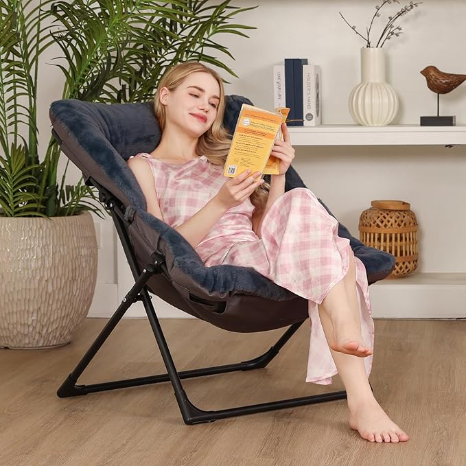 Comfy Saucer Chair for Adults, Set of 2, Soft Faux Fur Bedroom Chair, Accent Dorm Chairs, Flexible Living Room Reading Chairs, Oversized Folding Lounge Seat for Teens, X-Large, Navy Blue