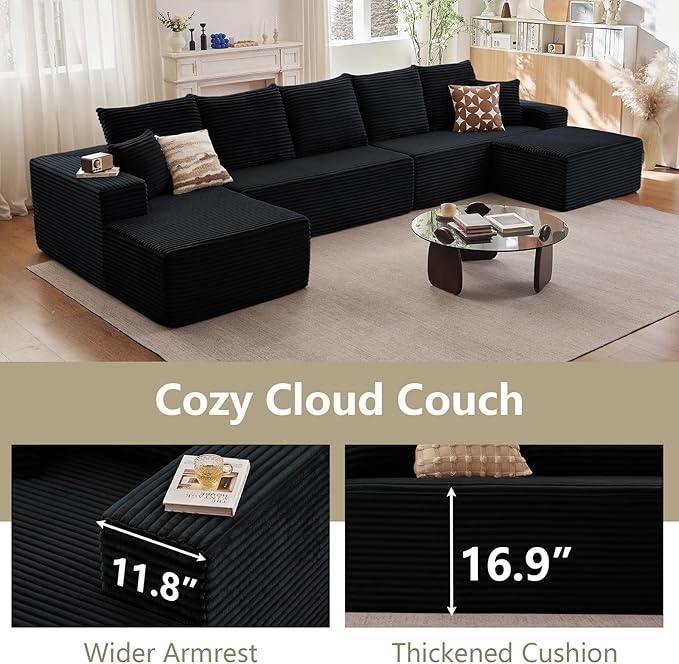 Lakifun 166.9" L-Shape Sofa with Ottoman, Modern Modular Sectional Comfy U-Shape Cloud Couch, Deep Seat, Upholstered Corduroy Sleeper Chaise Longue for Living Room Bedroom, No Assembly Required, Black