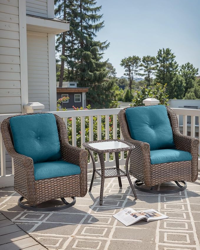 ACTREST 3 Piece Patio Swivel Chairs and Side Table Set - High Back Outdoor Brown Wicker Rattan Rocking Glider with Thick Cushions for Porch Apartment Deck Yard Poolside Garden - Peacock Blue