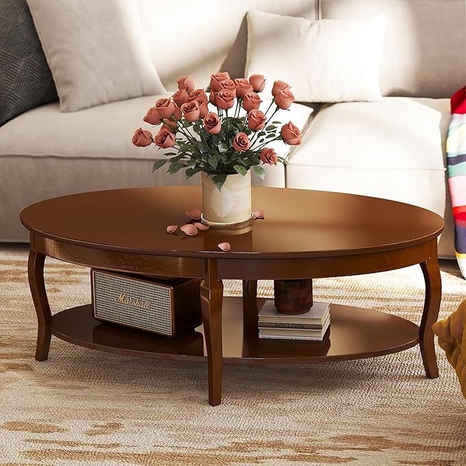 LZAREAL Coffee Table with Storage Oval Solid Wood Coffee Table Antique Farmhosue Living Room Table Rustic Center Table for Living Room Guest Room Reception Room Waiting Room, Brown Walnut Color