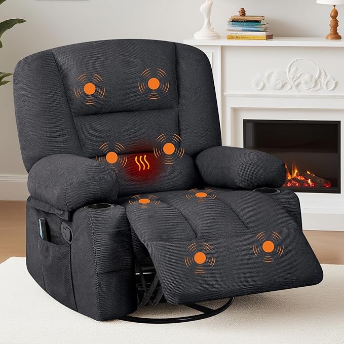 Rocker Recliner Chairs for Adults w/Vibration Massage and Heating,360° Swivel Rocker Glider Recliner,Extra Wide Manual Lazy Chair,Chenille Fabric Sofa Chair for Living Room,Bedroom,Black