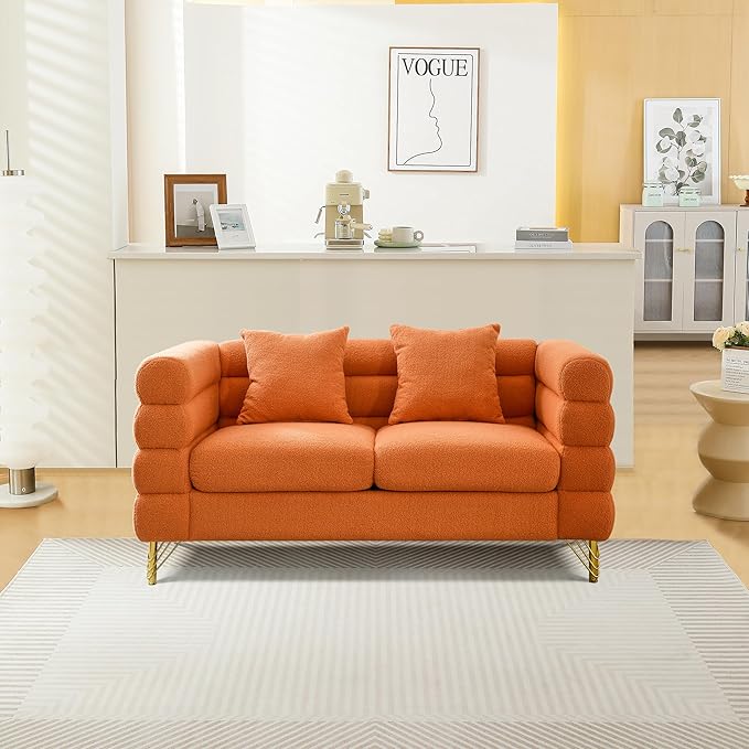 mikibama Modern Teddy Loveseat Sofa, 60 Inch Sectional Sofa Couch, Luxury 2 Seater Deep Couch with 2 Pillows and Gold Metal Legs for Living Room, Bedroom, Apartment (Orange)