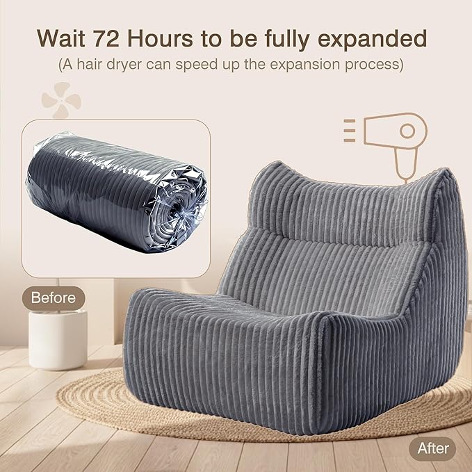 Big Bean Bag Chairs, Lazy Floor Sofa, Fireside Chair for Living Room, Bedroom, Office (Grey, Single Seat)