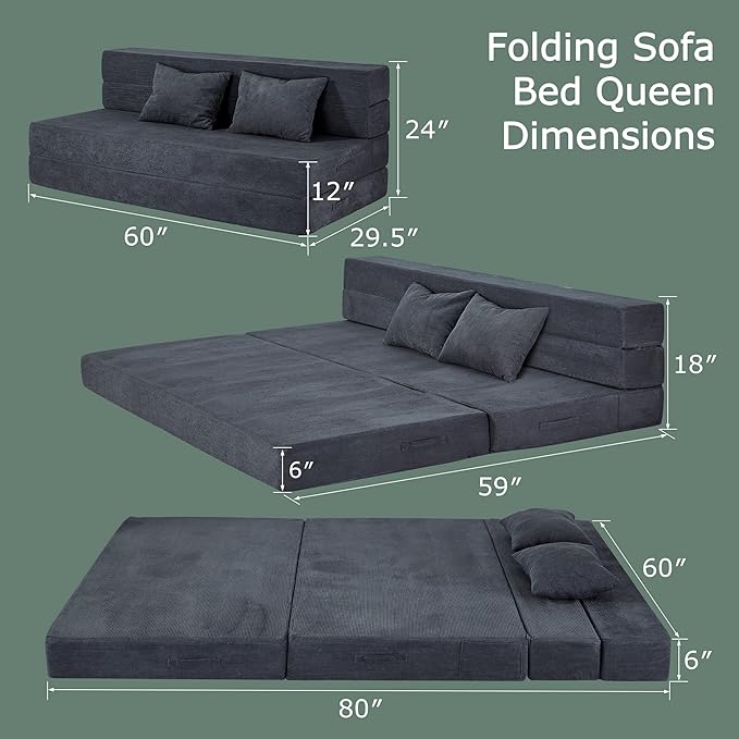HILERO Folding Sofa Bed, 4 in 1 Convertible Sleeper Chair with Pillow, Queen Memory Foam Fold Out Chair Bed, Modern Floor Futon Sofa Couch Mattress for Living Room/Guest/Apartment, Dark Grey