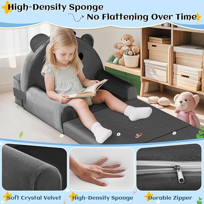 ORWIPO Kids Sofa Bed with Removable Washable Cover & Magic-Tape Backrest – Foldable Toddler Chair, Cozy Crystal Velvet Furniture for Playtime, Naps & Travel (Dark Gray, Bear Design)