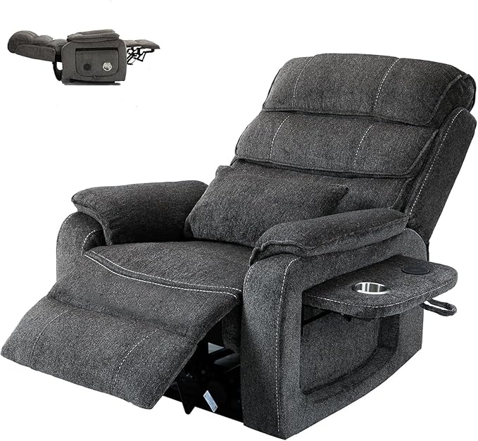Large Recliner Chair for Elderly | 6ft Tall and Big Man 400lbs | Chenille | Power Lift, Lay Flat, Stand Up, Wireless Charging Device, Extended Footrest, Massage Heat, Cup Holder, Lumbar Pillow