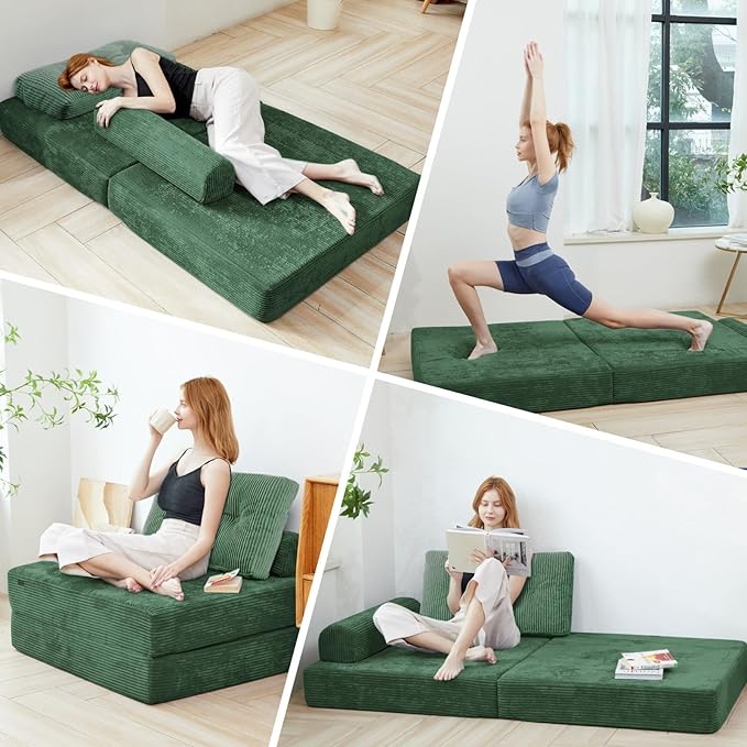 Upgraded Foldable Lazy Sofa Bed,Sofa Cama Barato Featuring a Large Backrest and Pillows,Chair Sleeper Bed for Living Room、 Bedroom 、Balcony 、Hotel、 Apartment,Twin Size,Emerald Green