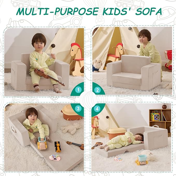 Kids Couch, 2-in-1 Toddler Chair Comfy 1-3 Years, Convertible Kids Chair, Toddler Couch That Fold Out, Kid Lounge Chairs for Boys and Girls, Soft Coral Fleece, Beige
