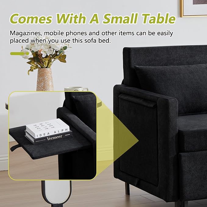 QHITTY Pull Out Couch Bed, 2-in-1 Sleeper Sofa Small Loveseat Bed with Hidden Side Table and Iron Frame for Living Room, Small Space, Apartment (Black)