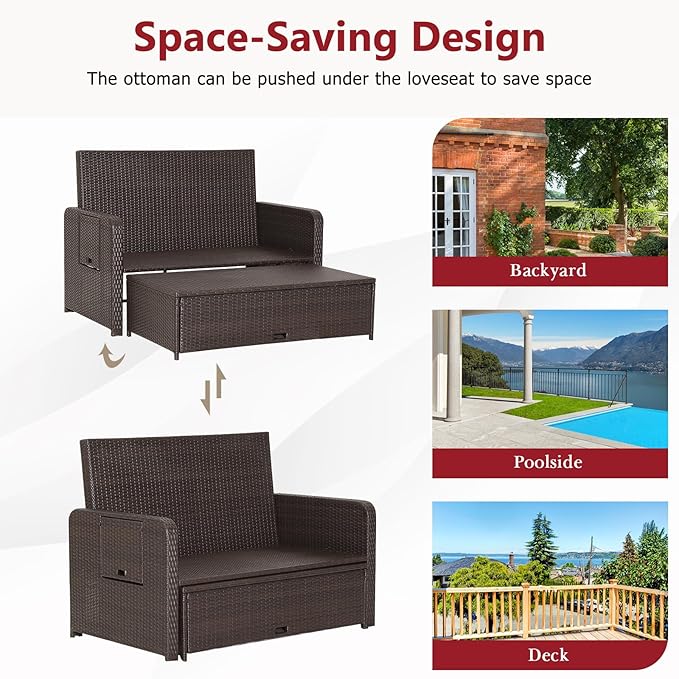 RELAX4LIFE Wicker Patio Outdoor Daybed - Rattan Day Bed Lounger with Loveseat & Storage Ottoman, Sunbed Sofa Set w/Cushions, 4-Level Adjustable Backrest & 2 Retractable Trays, Patio Daybed (Red)