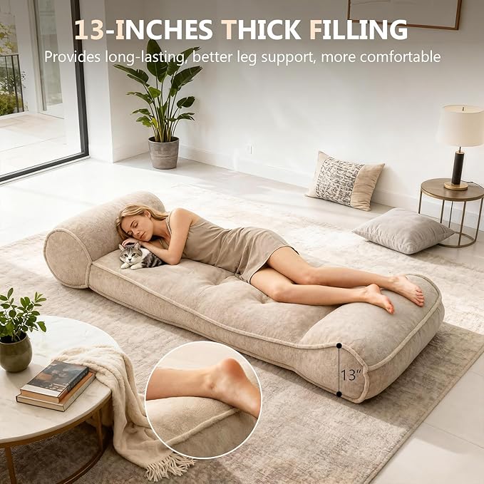 Dineli 83'' Lazy Floor Lounger Meditation & Yoga Chair Couch Recliner Sofa Bed Floor Seat for Adults Indoor Reclining Chairs Bed Comfy Chair Couch for Bedroom Living Room, Camel