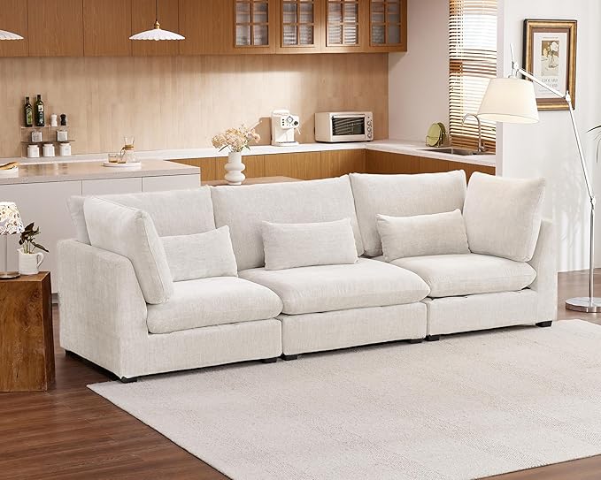 Oversized Modular Sofa, Extra Deep Cloud Chenille Sectional Couch with Ottoman Chaise, Fluffy Chenille 3 Seater Sofa for Living Room, Villa (Basic 3 Seater, Chenille White)