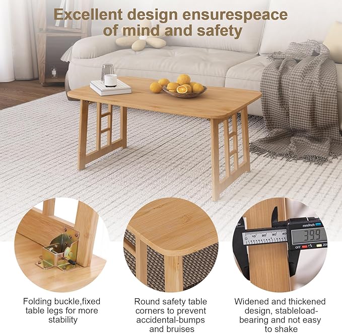 Japanese Bamboo Folding Floor Table for Sitting on Floor, Tatami Table Foldable, No Assembly, Low Tables for Small Spaces Living Room/Portable Zen Chabudai for Meditation - Light Brown