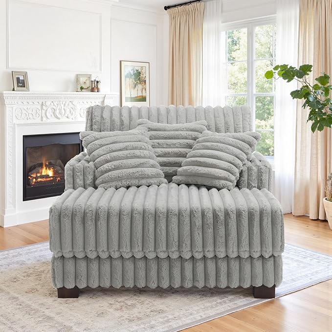UIXE Chaise Lounge Chair Indoor, Oversized Sleeper Chair with 2 Cup Holders, Faux Fur Upholstered Sofa Bed Comfy Recliner Solid Wood Frame Reading Seat for Living Room, Bedroom - Light Gray