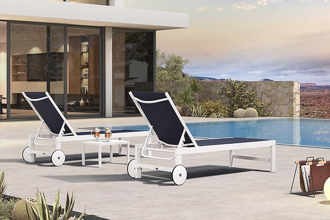 PURPLE LEAF Outdoor Chaise Lounge Set Elderly-Friendly Straight Legs Adjustable Sunbathing Recliner with Side Table for Back Support Poolside Beach Patio Lounge Chairs Navy Blue