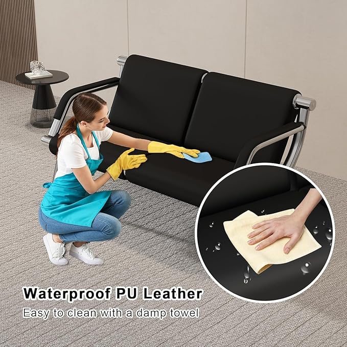 Kinquat Waiting Room Bench with Armrest - Lobby Reception Chairs, PU Leather Office Guest Seating Furniture for Salon Airport Hospital Bank, Black
