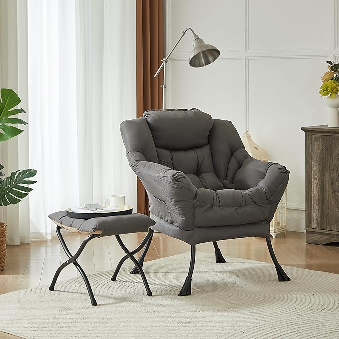 HollyHOME Lazy Chair with Foldable Ottoman, Accent Comfy Lounge Armchair and Folding Footrest Stool, Leisure Sofa Reading Chair and Footstool for Living Room, Bedroom, Dorm,Dark Grey