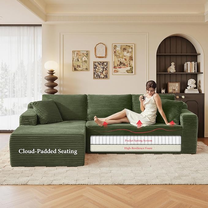 105" Sectional Couches for Living Room Cloud Couch Sofa with L-Shape Upholstered Boneless Couchs Modern Modular Sectional Couch with Chaise (Green, 105" W+Left Facing Chaise+2Seaters)