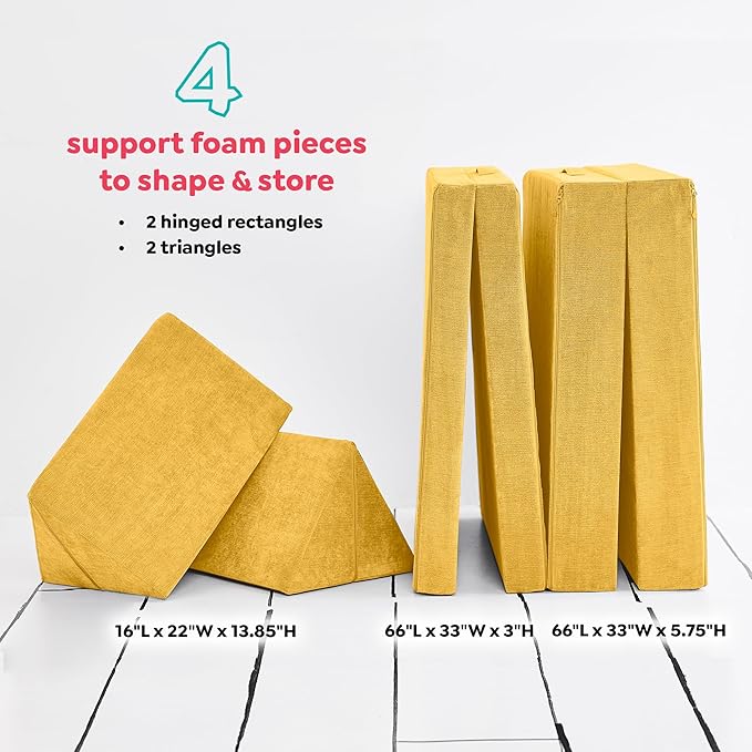 Yourigami Kids and Toddler Play Couch, Convertible Folding Sofa, Durable Foam Modular Design, Sunflower Yellow