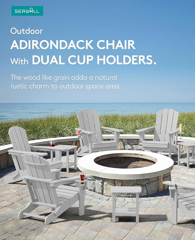 SERWALL Adirondack Chair with Cup Holders - Composite Adirondack Chairs Set of 4 HDPE Outdoor Chairs All Weather Use- Silver Gray