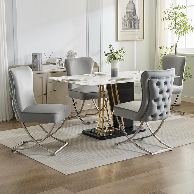 WUTUTUEE Luxury Velvet Dining Chairs, Tufted Upholstered Armless Accent Chairs with Silver Metal X-Legs, Modern Glam Dining Room Chair Set of 2, Light Grey