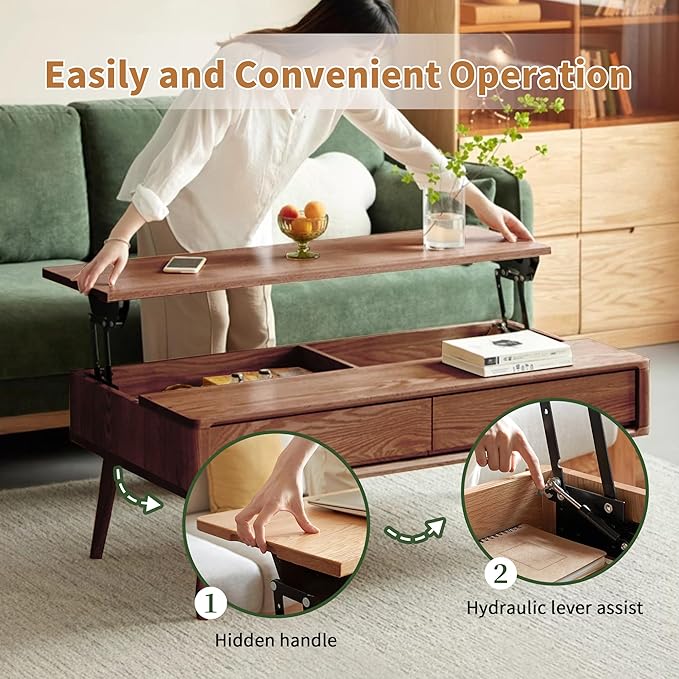 QKFF Wood Lift Top Coffee Table, 100% Solid Oak Wood Small Rising Dining Center Tables with Storage Shelf and Hidden Compartment for Living Room 40D x 22W x 26H