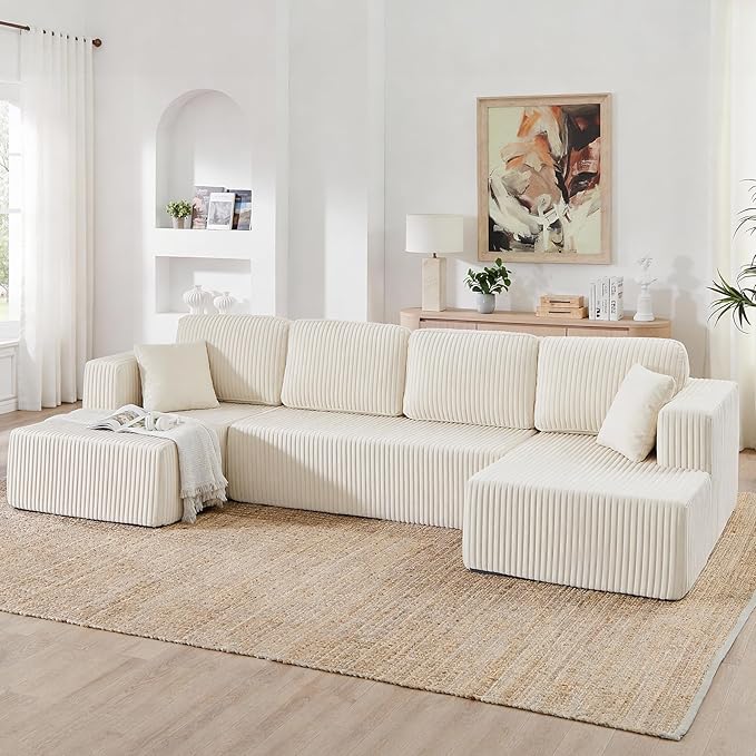VYNELITO Oversized U Shaped Couch with Chaise, Modern Modular Sofa with Deep Seat, Corduroy Upholstered Boneless Couch for Living Room, No Assembly Required, Beige