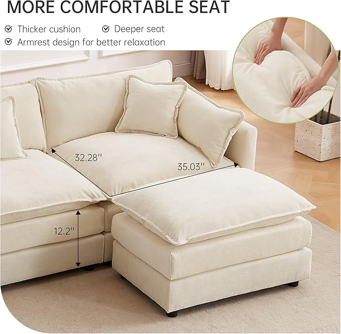 saows Modular Sectional Sofa, 112.2 Inch L Shaped Couch Set with Armrests, 3-Seater Comfy Cloud Couches with Movable Ottoman for Living Room Apartment, Beige
