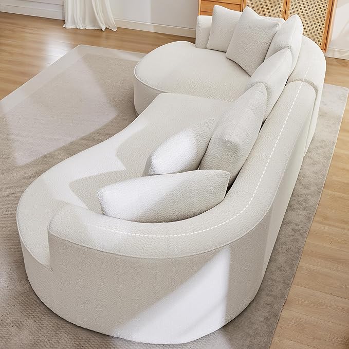 Opiesit 124" Oversized Boneless Couches for Living Room, Sectional Curved Sofa with 7 Pillows, L-Shape Boneless Couch with Deep Seat, High-Density Memory Foam, No Assembly Required, Chenille (White)