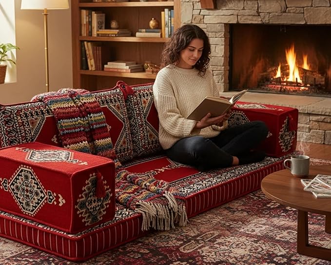 Arabic Majlis Floor Seating Set, Arabic Majlis, Turkish Sofa, Floor Cushions, Seating Cushions, Moroccan Home Decoration, Moroccan Terrace Pallet Sofas, Sectional Sofas, Red