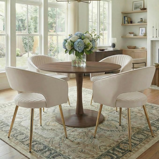COMULER Faux Leather Dining Chairs Gold Legs, Modern Cream PU Leather Dining Room Chairs with Arms Set of 6 Upholstered Accent Chair Armchair with Barrel Back for Kitchen Living Room